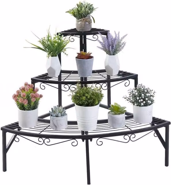 Kelvenix 3 Tier Black Matt Metal Corner Plant Stand and Step Shelf for Garden, Balcony or Terrace