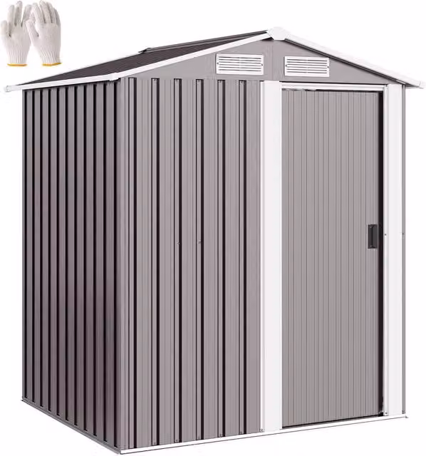 Rolipo Grey Metal Pent Garden Shed with Foundation Kit, W: 152 cm, D: 132 cm, H: 188 cm – 1