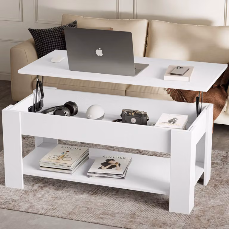 DHS White Modern Rectangular Coffee Table with Lift Up Storage Mechanism, W/D/H: 120 x 50 x 42 cm