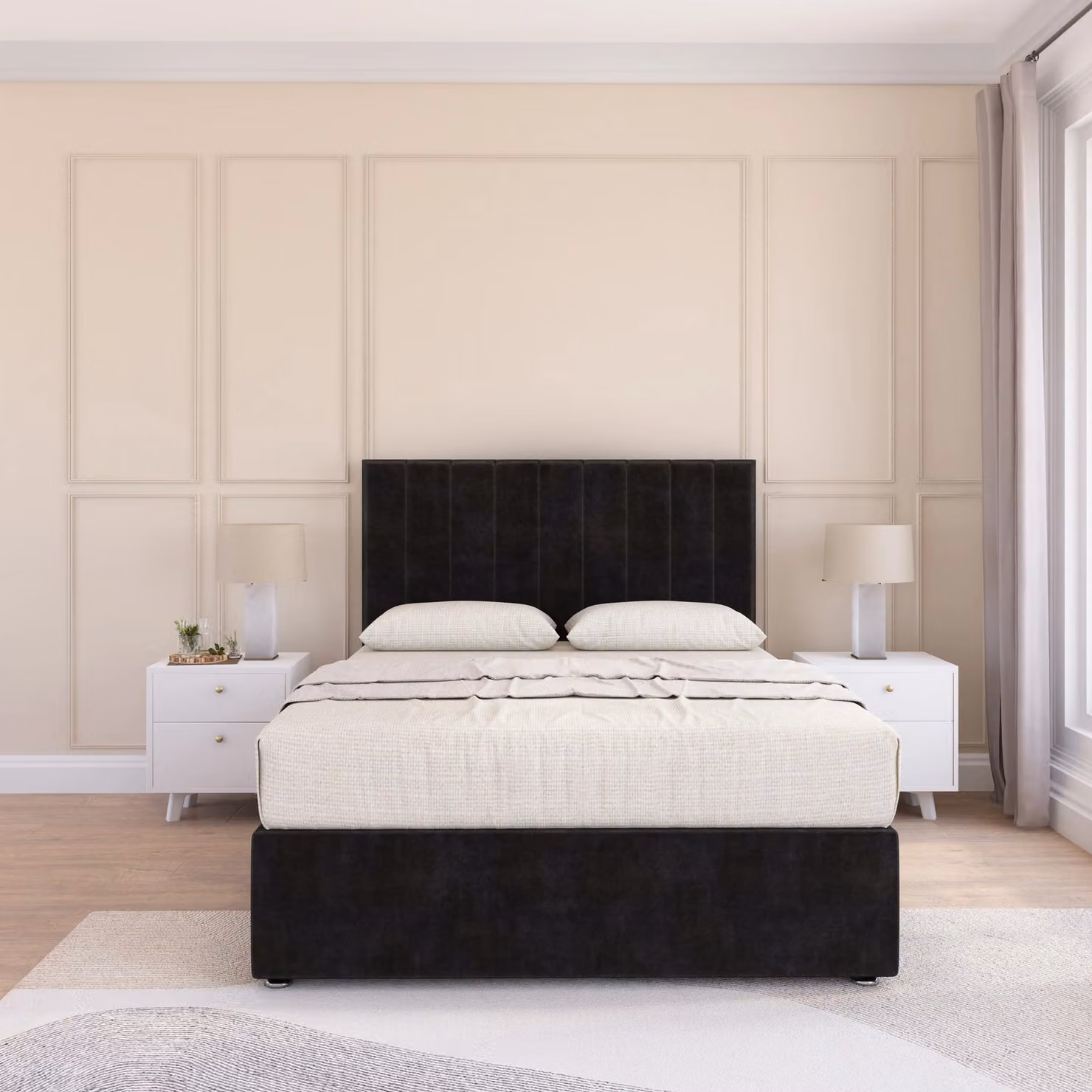 Sloomy Kansas Double Divan Bed Base with 54 inch Floor Standing Headboard in Black Velvet Fabric, W/D/H: 140 x 200 cm