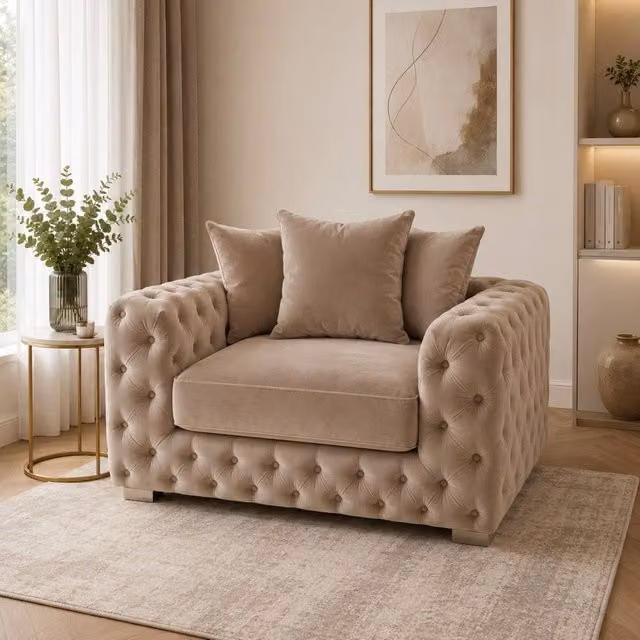 Stratus Interiors Ashley Luxe Chesterfield L-Shape Scatter Back Sofa in Beige Velvet