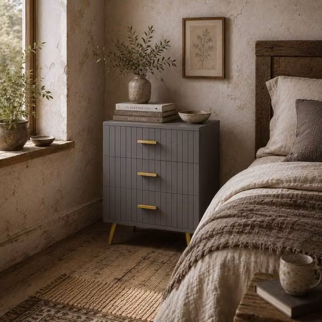 Wyld Haus Momase Tall 3 Drawer Dresser in Dark Grey with Gold Tone Handles, W: 60.0 cm, D: 40.0 cm, H: 71.5 cm
