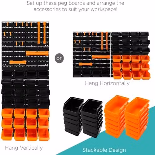 Gr8 Home 44 Piece Wall Mounted Orange Pegboard Tool Organiser and Storage Set – 3