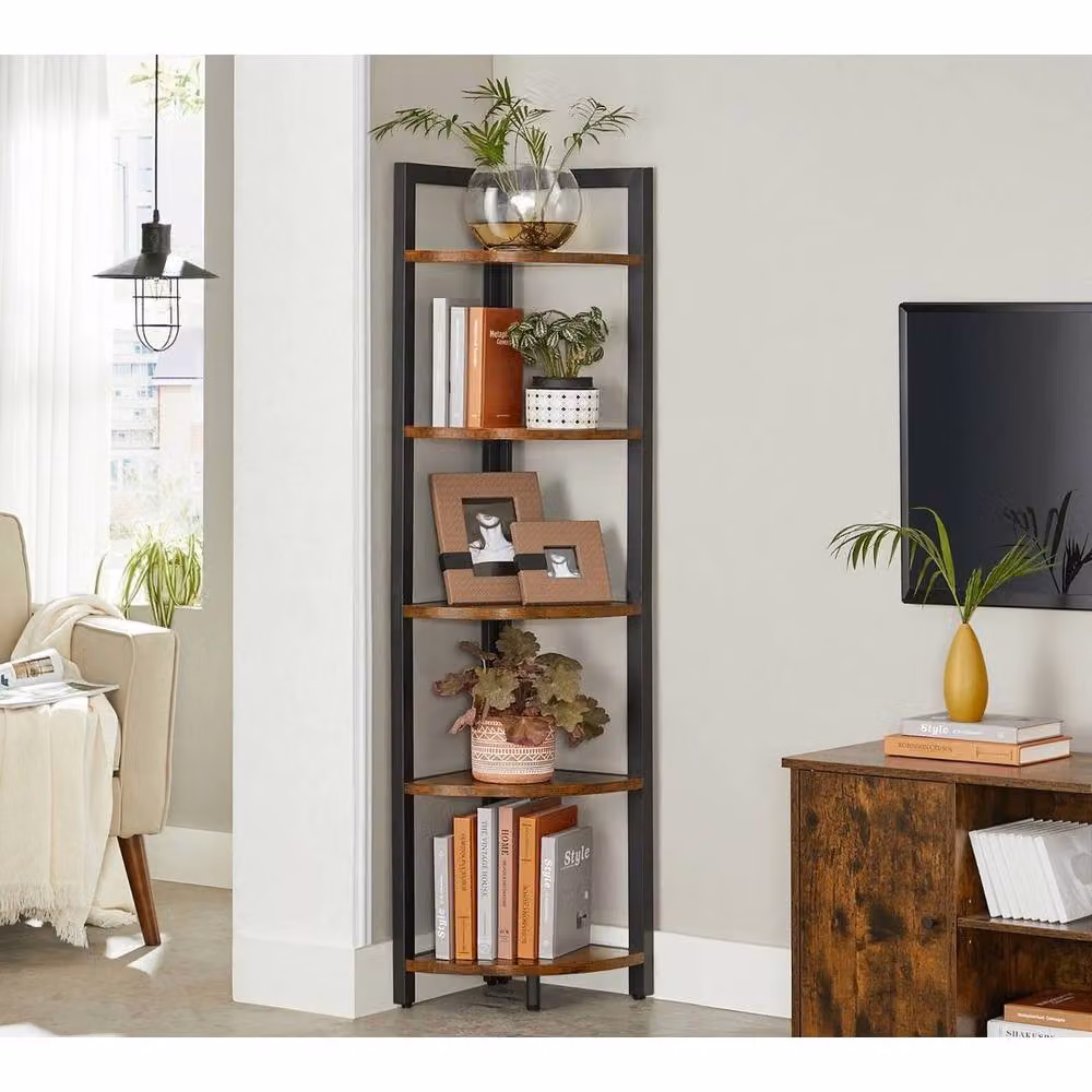 SPETLEK 5-Tier Brown Corner Storage Shelf with Industrial Metal and MDF Design – 2