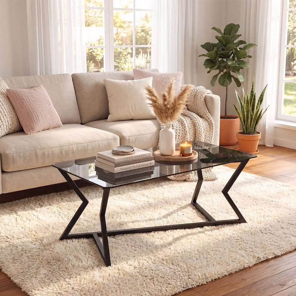 Costway Modern Rectangular Glass Coffee Table with X-Frame in Black – 3
