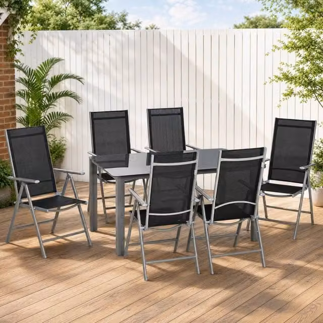 STILVORA 6-Seater Garden Dining Set with Folding Chairs in Black