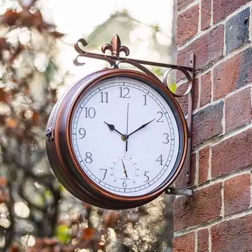 Garden Gear Wyevale Double-Sided Analog Station Wall Clock with Thermometer, Copper and Bronze Fleur-De-Lis Design, Powder-Coated Steel, W/D/H: 30 x 9.5 x 34 cm – 3