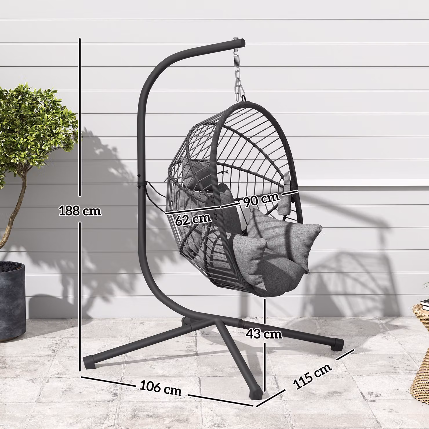 Outsunny Grey Outdoor Egg Swing Chair with Metal Stand and Padded Cushions – 3