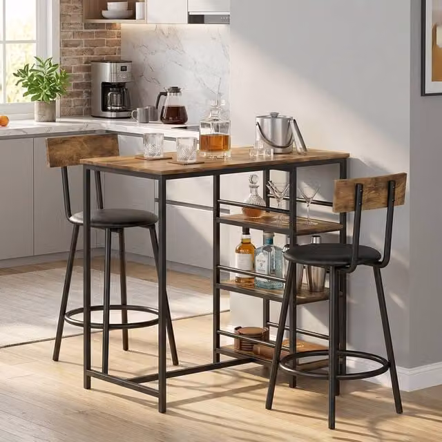 HOMCOM 3 Piece Breakfast Bar Table and Stools Set in Rustic Brown