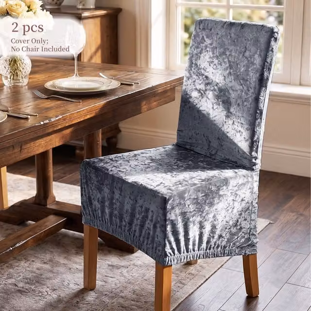 Livingandhome 2 Pack Grey Velvet Stretch Dining Chair Covers with Elastic Band