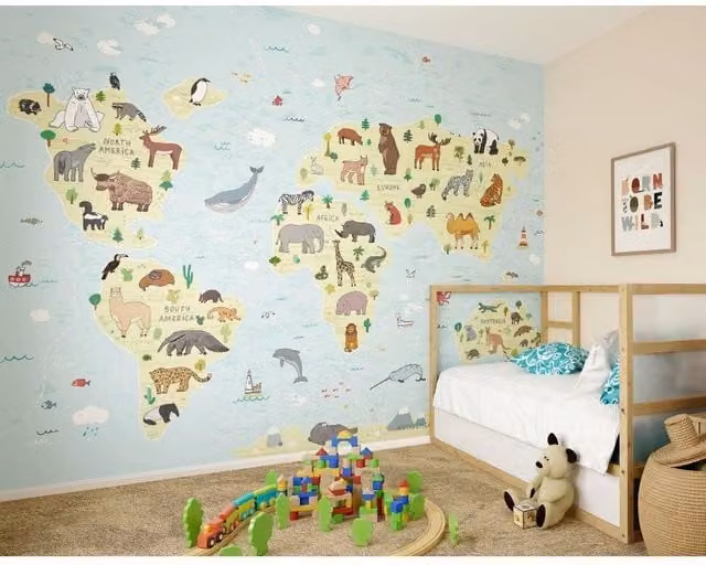 Origin Murals Children's World Map Wall Mural in Blue and Multicolour, W: 300 cm, H: 240 cm