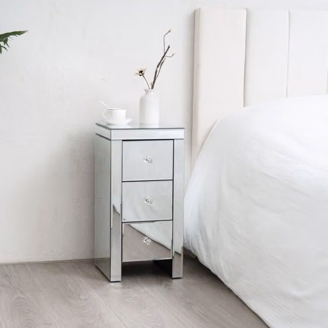Comfy Living Ltd Small Mirrored Bedside Table with 3 Drawers and Crystal Handles in Silver – 1