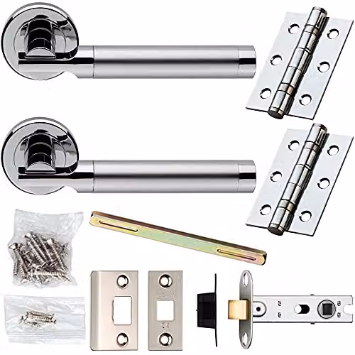 Loops Door Handle and Latch Pack in Chrome and Satin Nickel with Screwless Round Rose