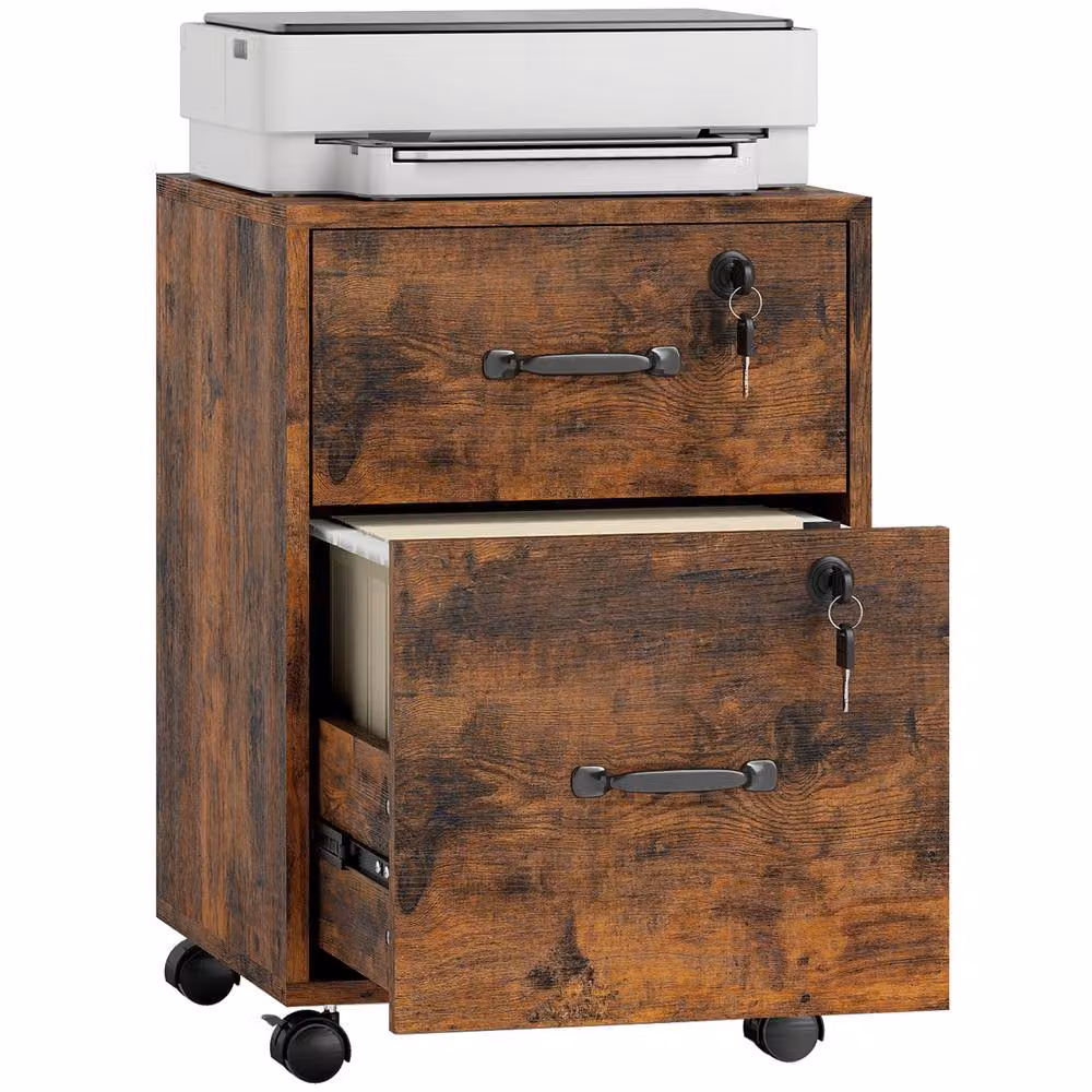 HOMCOM Roll File Cabinet with Drawer and Castors, Rustic Brown Organiser for Home or Office – 2