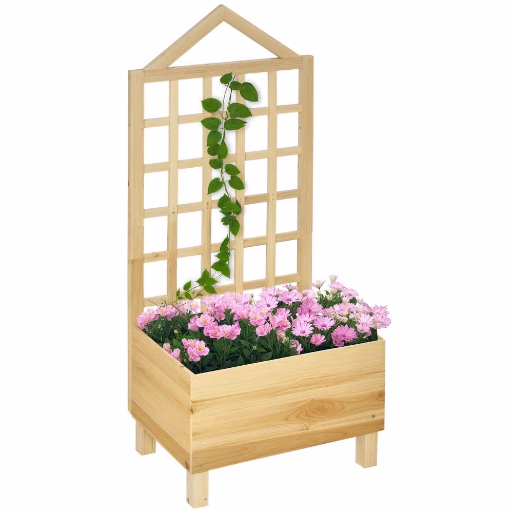OUTSUNNY Wooden Raised Bed Planter with Trellis for Climbing Plants, Brown and Beige, W/D/H: 147 x 60 x 40 cm – 2