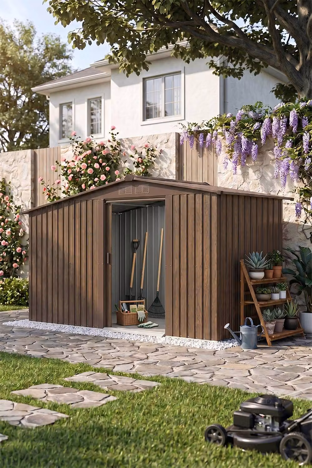 Living and Home Metal Garden Storage Shed with Log Storage in Brown – 2