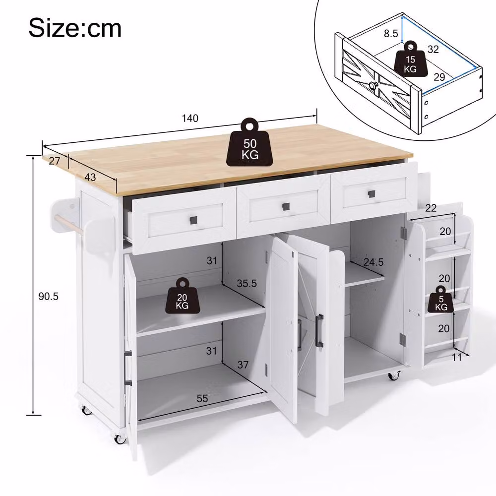 Merax White Rustic Barn Style Rolling Kitchen Island with Foldable Worktop – 3