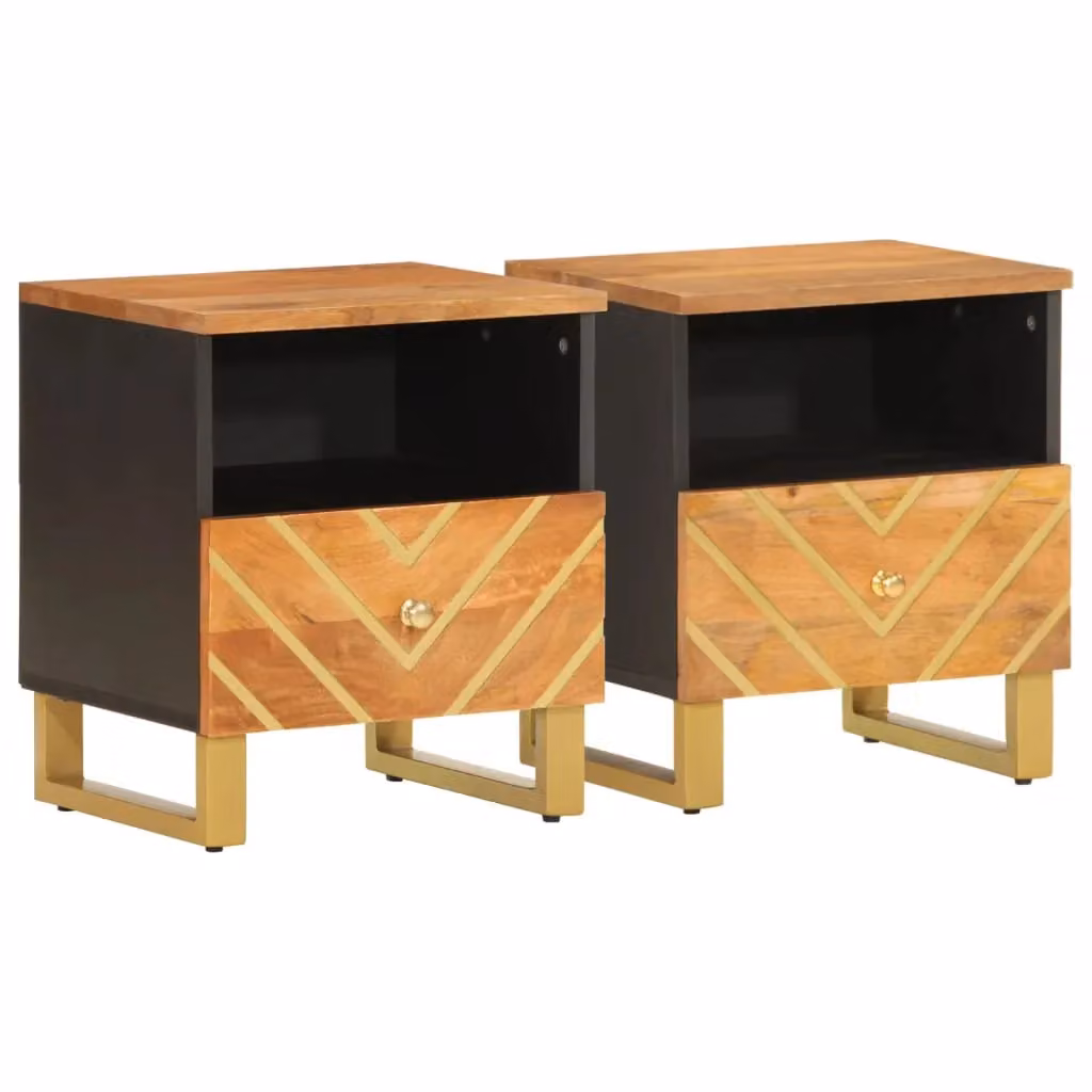 Berkfield Home Set of 2 Modern Mango Wood Bedside Cabinets in Brown and Black – 2