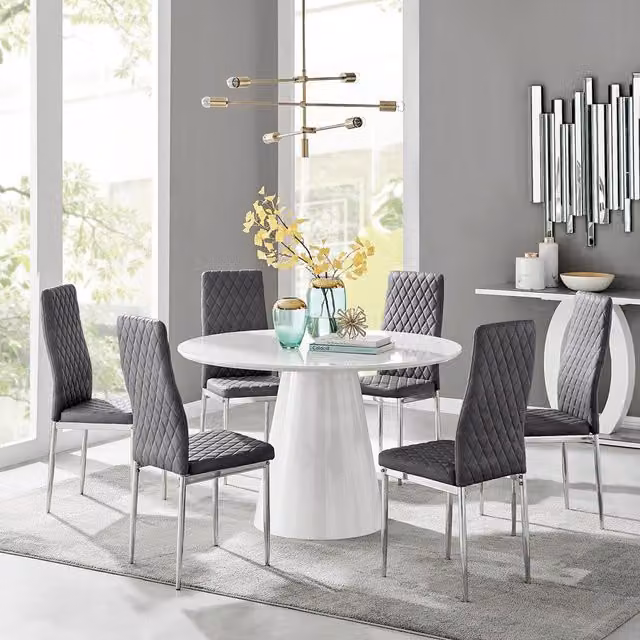 FurnitureboxUK Palma White High Gloss Round Dining Table and 6 Grey Velvet Milan Chairs