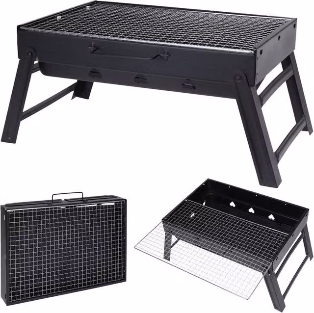 KORVIXA Portable Folding Charcoal BBQ Grill, Black, W/D/H: 100 x 100 x 100 cm