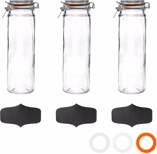Argon Tableware Glass Spaghetti Jar and Labels Set with Orange Seal, Transparent, 2 Litre, Pack of 3