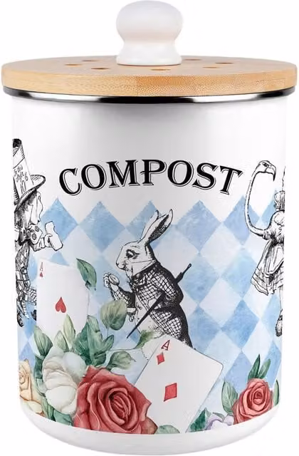 Purely Home Alice's Adventures in Wonderland Compost Caddy - Blue Metal Food Waste Bin with Removable Inner Bucket and Odour Filter, 2 L – 1