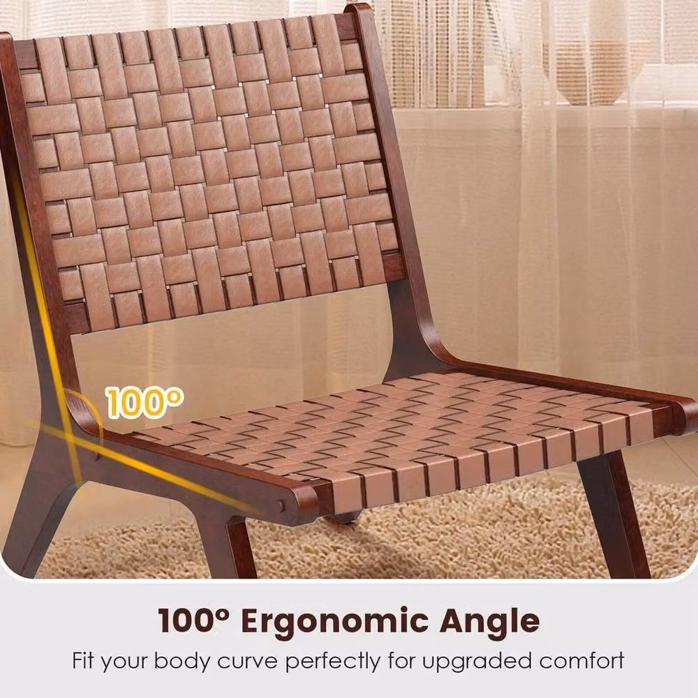 SPETLEK Set of 2 Modern Woven Brown PU Leather Accent Lounge Chairs with Solid Rubberwood Frame – 4
