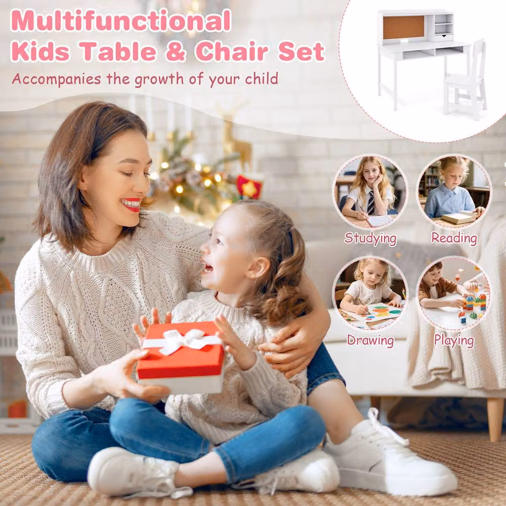 CASART Kids Wooden Study Table and Chair Set with Hutch and Shelves in White – 3
