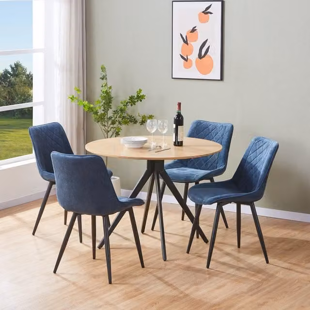Aspen Light Oak Round Dining Table and 4 Blue Fabric Chairs Set