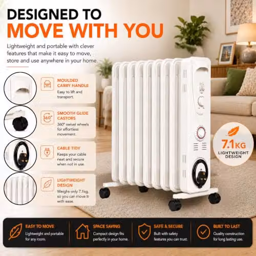 MYLEK 2000W Oil Filled Radiator with Adjustable Thermostat and 24 Hour Timer, White, H 63 cm x W 39 cm x D 39 cm – 3
