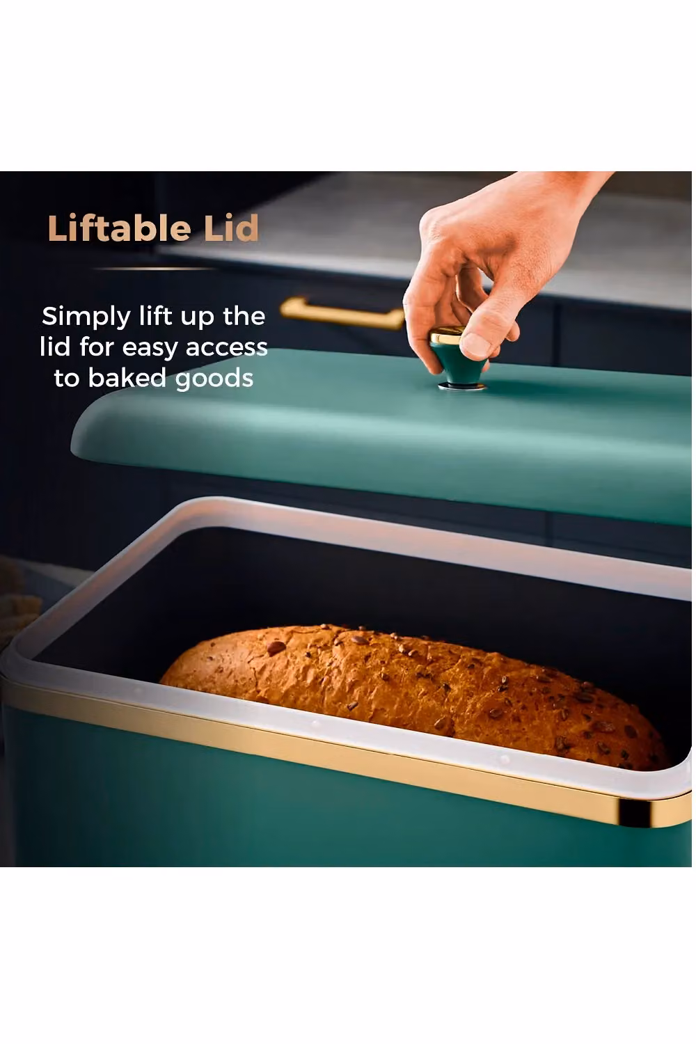 Tower Cavaletto Airtight Bread Bin in Stainless Steel, Jade Green and Gold, W/D/H: 35.0 x 24.0 x 23.0 cm – 7