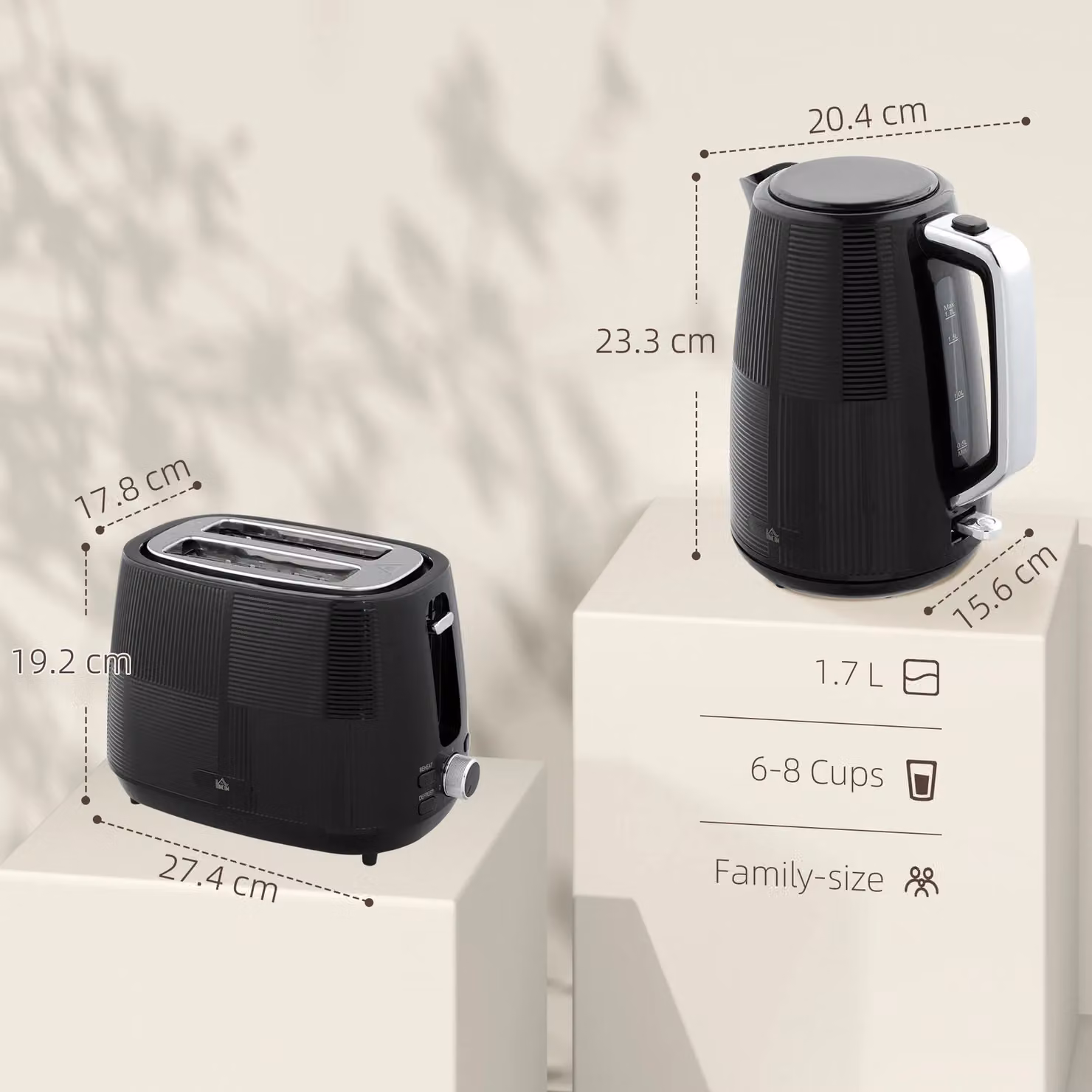 HOMCOM Black Electric Kettle 1.7 l and 2 Slice Water Toaster Set – 2