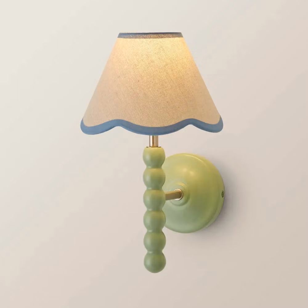 ValueLights Bobbins Sage Green Wood Wall Light with Blue Fabric Scallop Shade – 3