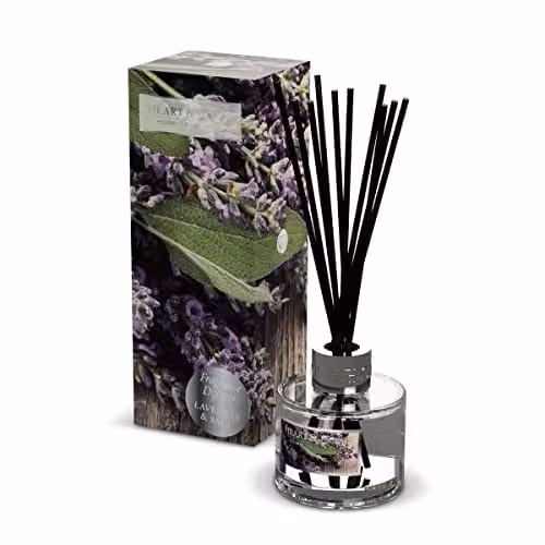 Heart and Home Lavender and Sage Floral Reed Diffuser in a Green Transparent Glass Bottle