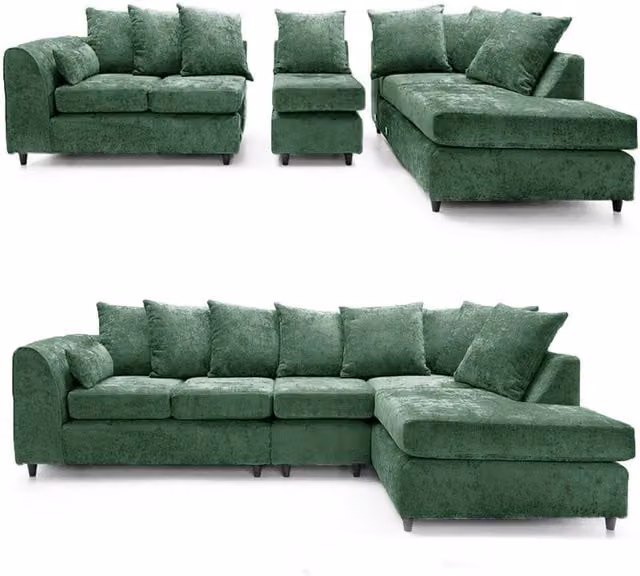 Furnishings For Less UK Monaco Green Chenille Fabric Large 5 Seater L Shaped Corner Sofa, Right Hand Facing
