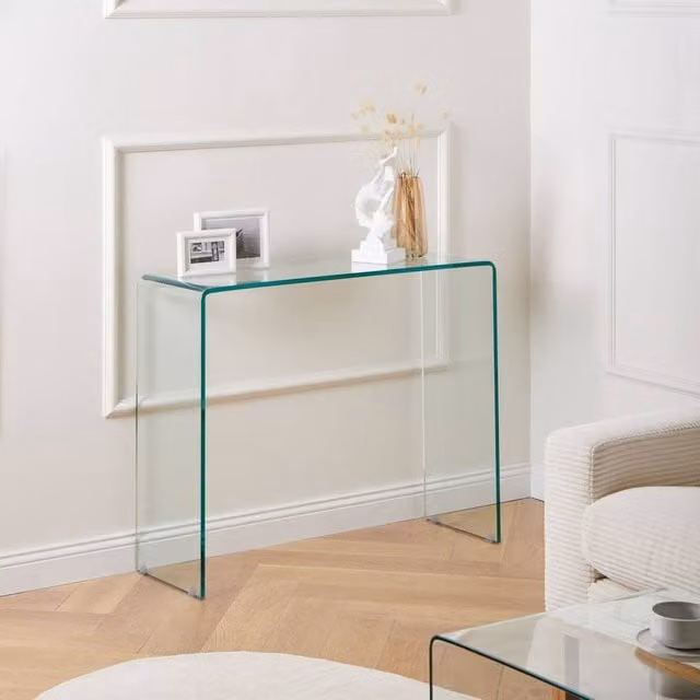 Wyld and Coco Transparent Tempered Glass Console Table in Clear, W: 90 cm, D: 30 cm
