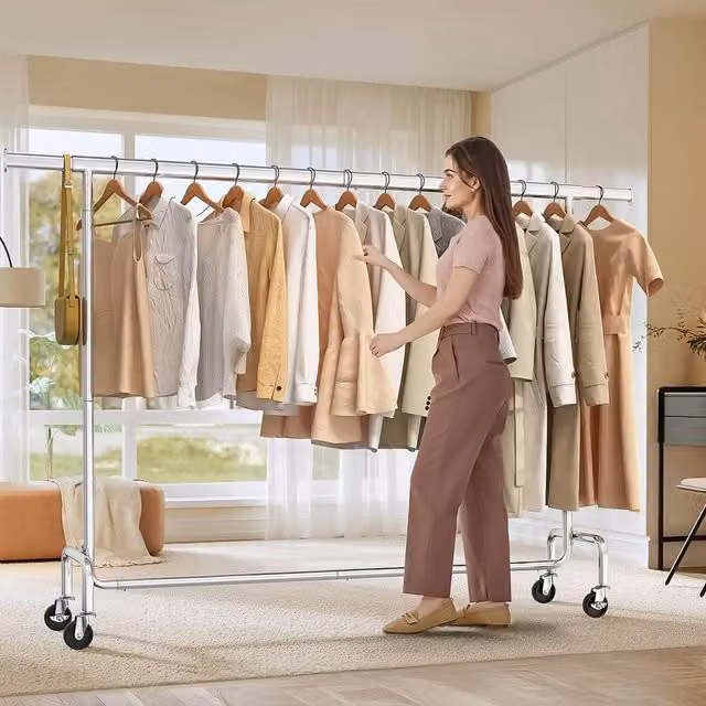 SONGMICS Heavy-Duty Clothes Rack on Wheels with Metal Rail, Silver, H: 162.9 cm x W: 110.0 cm x D: 45.0 cm