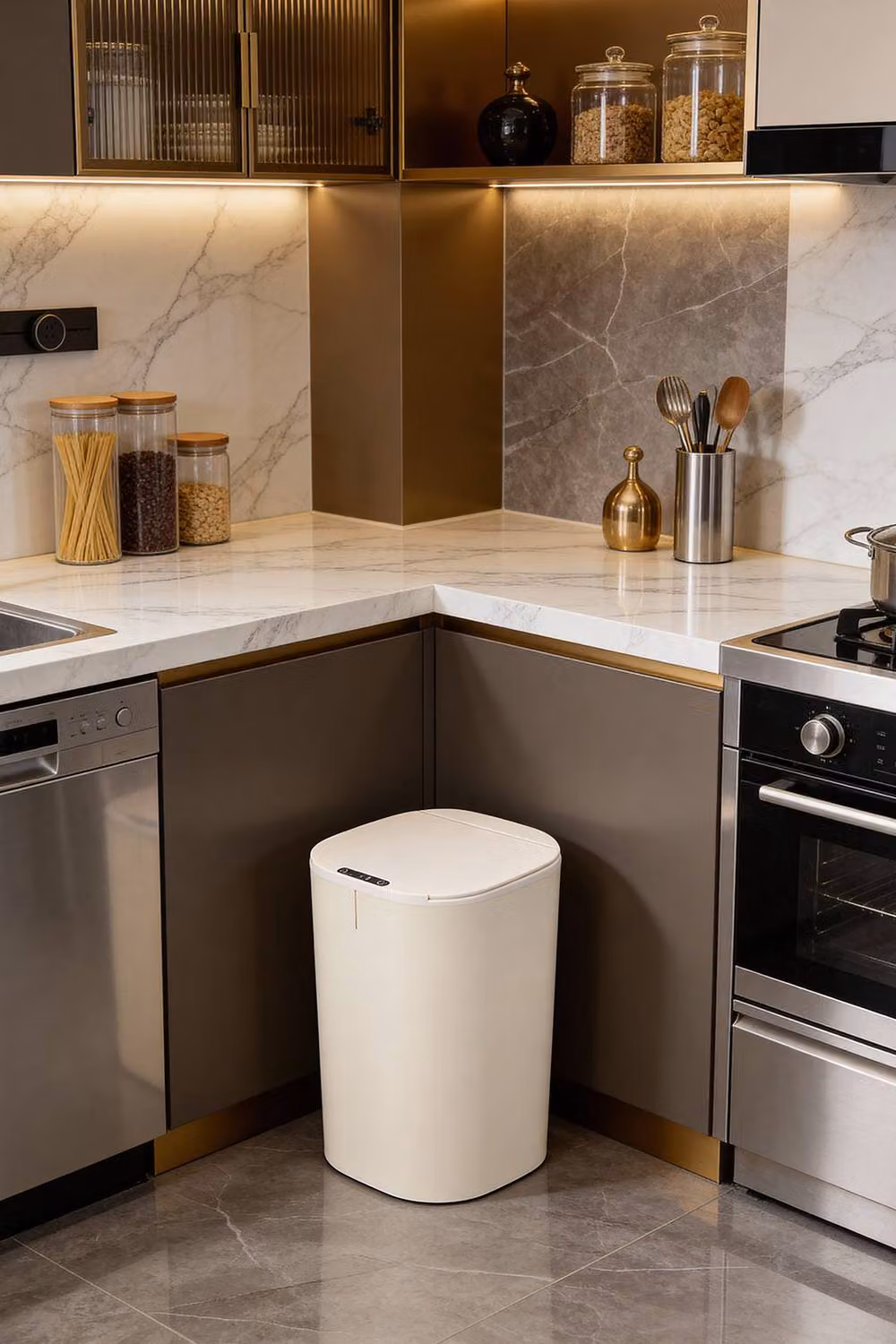 Living and Home Automatic Touchless Motion Smart Sensor Rubbish Bin with 3 Modes in Beige – 6