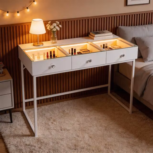 Vanitii Global Hollywood LED Makeup Vanity Desk with 3 Drawers and Glass Top in White