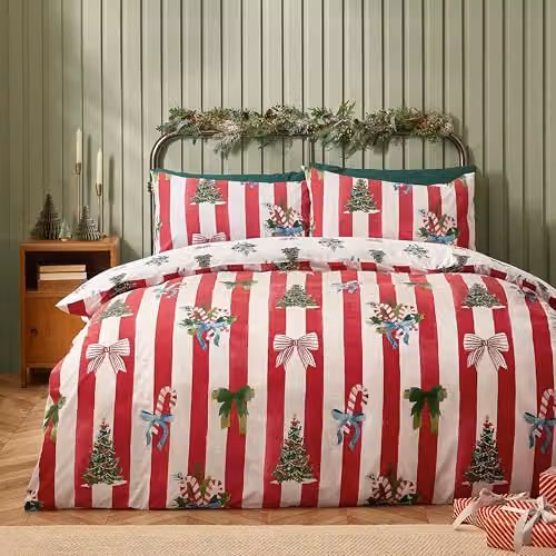 Catherine Lansfield Christmas Stripe Reversible Duvet Cover and Pillowcase Set in Red and White, 200 x 200 cm – 1
