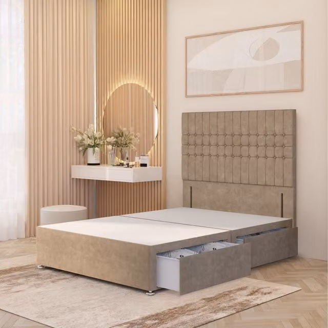 Somnior Beds Ltd Lexington Divan Bed Base with 54 inch Floor Standing Headboard in Beige Plush Velvet with Drawers, W/D/H: 140 x 200 cm