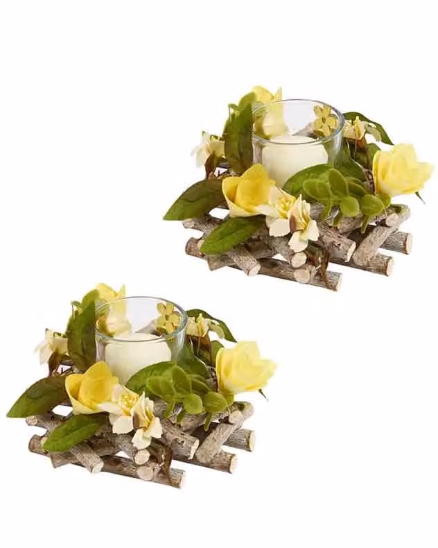 Dibor Set of 2 Floral Yellow Wooden Candle Holders, Diameter: 13 cm – 2
