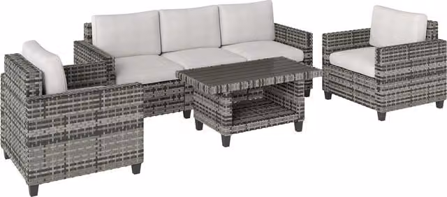 Outsunny 6 Piece Rattan Garden Furniture Set in Light Grey with 5 Seater Wicker Outdoor Set, 2 Armchairs, Coffee Table and Cushions