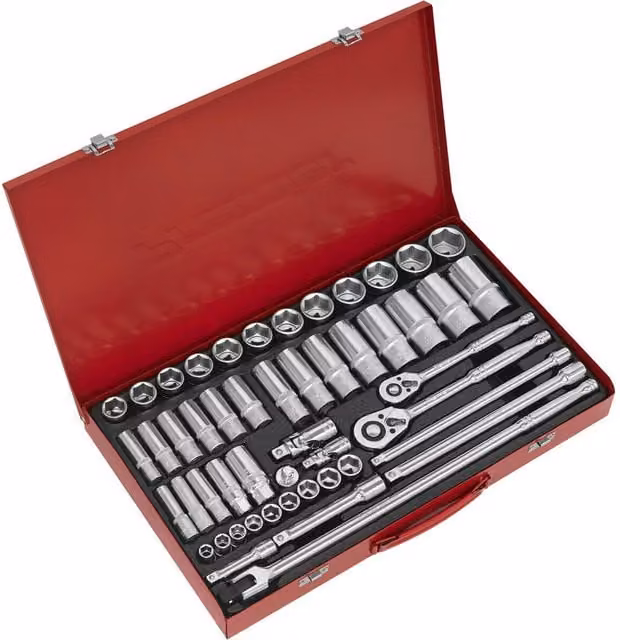 Loops 50 Piece Metric Socket Set with 1/2 inch and 3/8 inch Square Drive and Ratchet Handle in Silver and Multicolour