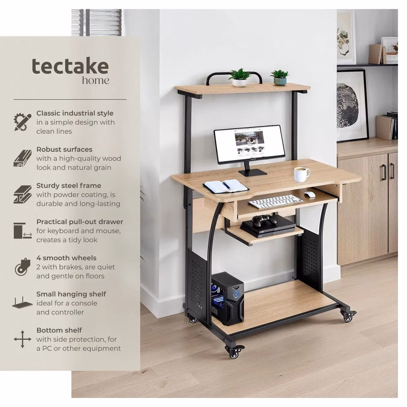 tectake Fife Computer Desk with 3 Levels, Attachable Shelf, Keyboard Tray and 4 Castors in Light Oak – 2