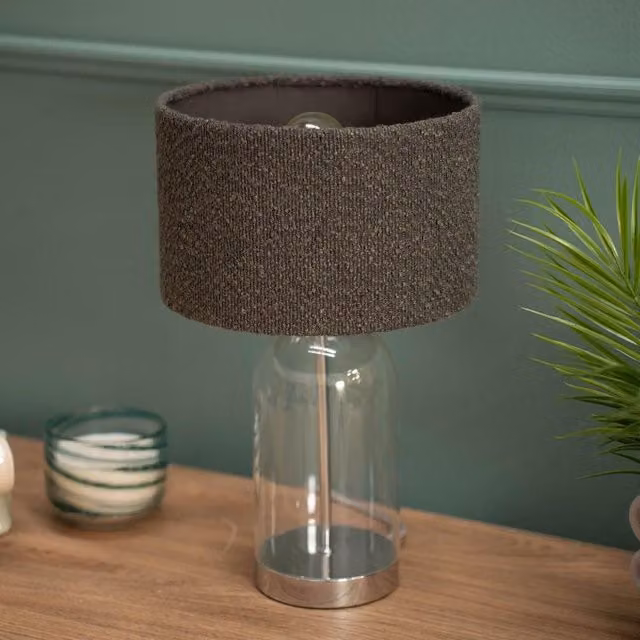 ValueLights Silver Chrome Glass Table Lamp with Grey Fabric Cylinder Shade – 1