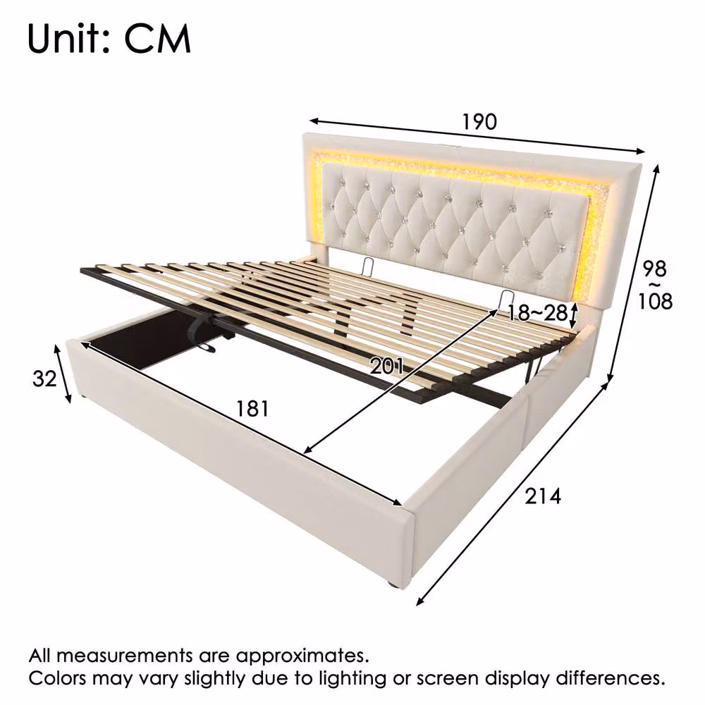 Matteo Super King Velvet Upholstered Bed in Beige with LED Lighting, USB Charging Port and Lift-Up Storage W: 180 cm, D: 200 cm – 2