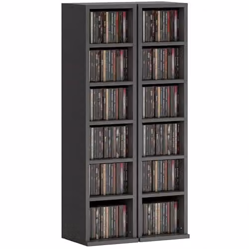 HOMCOM Set of 2 Black CD and DVD Storage Tower Racks with Adjustable Shelves
