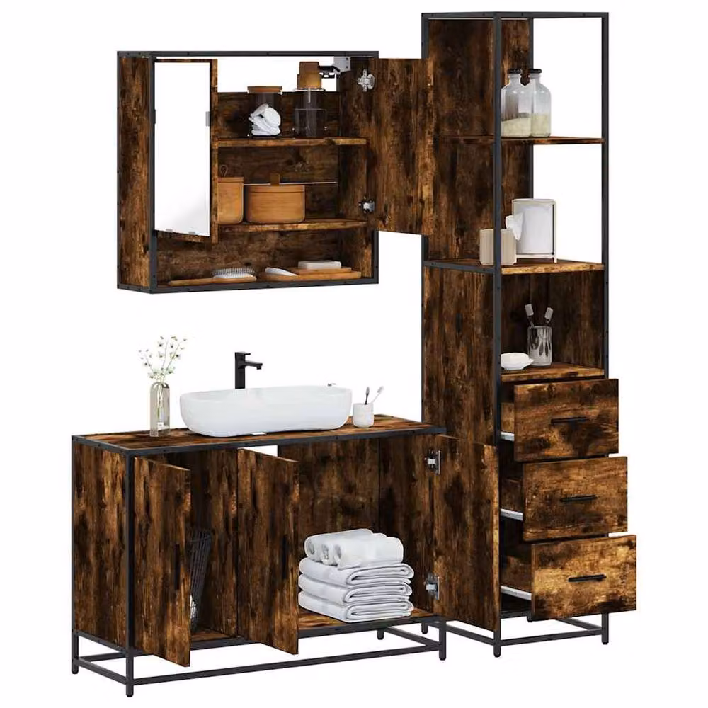 Berkfield Home 3 Piece Industrial Bathroom Furniture Set in Brown Smoked Oak – 2