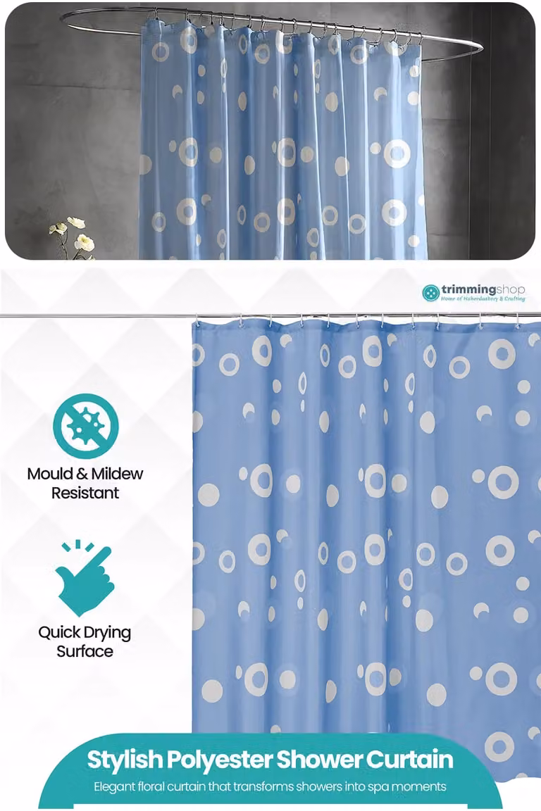 Neel Blue Mandala Polyester Water-Resistant Shower Curtain in White and Blue, W/D/H: 180 x 180 x 200 cm
